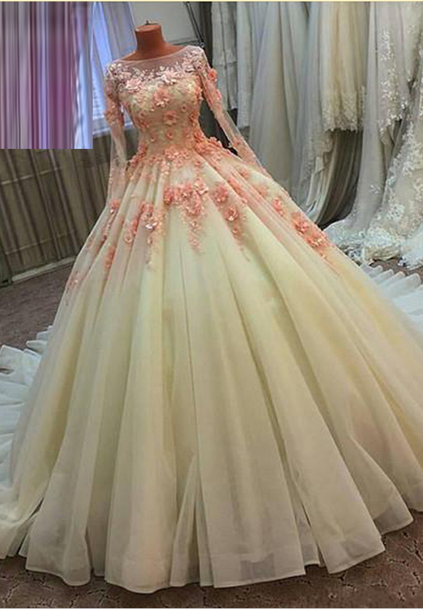 Real Photo 3d Floral Handmade Flowers Court Train Tulle Long Sleeves Quinceanera Dress