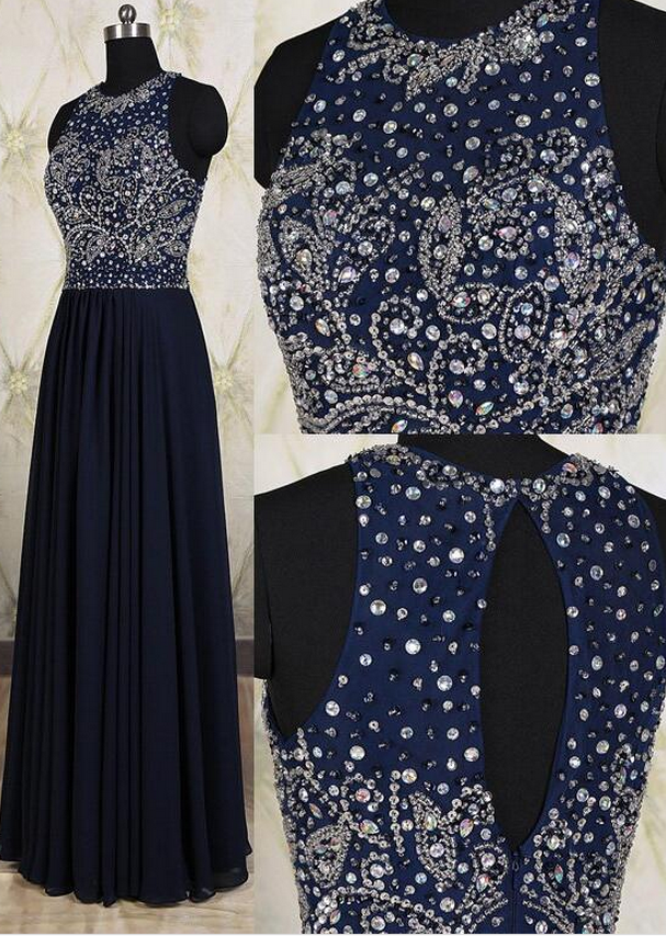 Navy Blue Prom Dresses,elegant Beading Evening Dresses,long Formal Gowns,beaded Party Dresses,chiffon Pageant Formal Dress