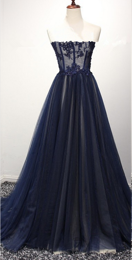 Real Image Simple Strapless Floor-length Navy Blue Prom Dresses Top Lace Appliques Vestidos Formatura Coniefox Dress , Royal Blue Prom Dress,