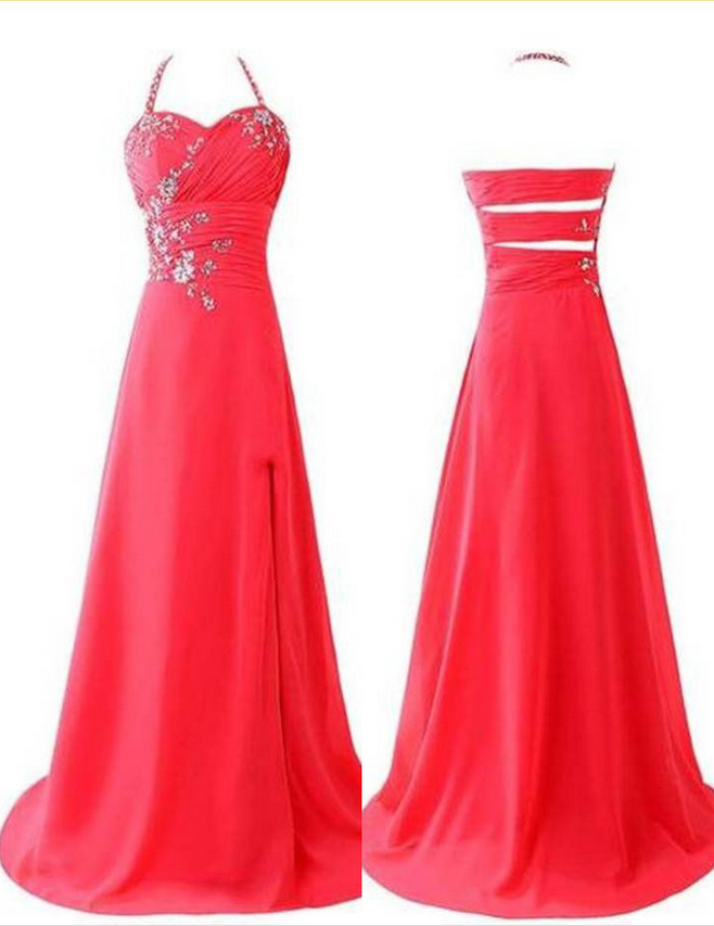 Red Beading Sequins Halter Satin Prom Dresses Prom Gowns,prom Dresses