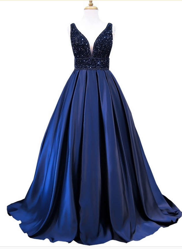 Style Blue Satin Beading Bodice Backless Evening Dress Formal Gowns