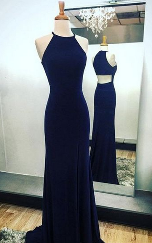 Dark Blue Evening Dress,open Back Prom Dresses,halter Prom Gowns,simple Party Dress,