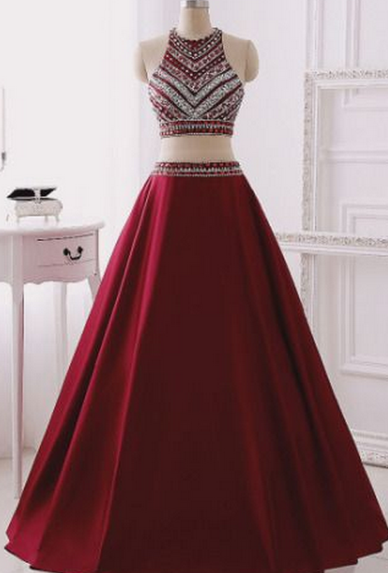 Long Two Pieces Prom Dress With Beaded Halter Neck Crop Top