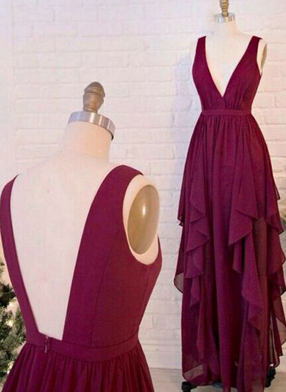 Burgundy Chiffon Plunge V Sleeveless Floor Length Ruffled A-line Prom Dress