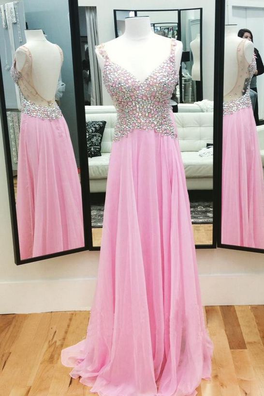 High Quality Prom Dress,unique Prom Dress,sexy V-neck Prom Dress,pink Rhinestone Prom Dress,formal Prom