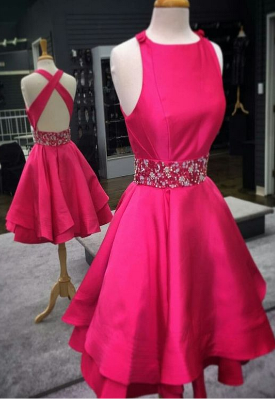 Rosy Pink Criss Cross Open Back Satin Short Graduation Dress With Crystal Beaded Waistline