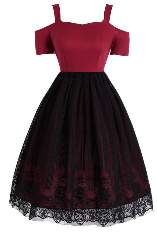 Off Shoulder Lace Mesh Party Dress In Red And Black on Luulla