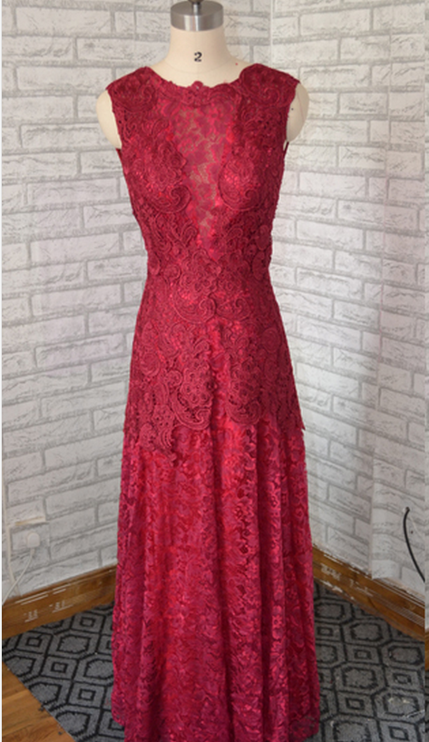 Lace Prom Dress,burgundy Prom Dress, Long Lace Party Dress