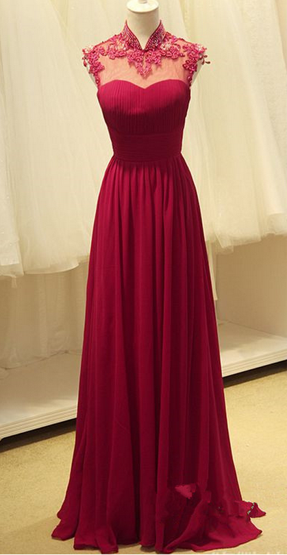 High Quality Handmade A-line Rose-red Chiffon Floor Length Backless Prom Gown