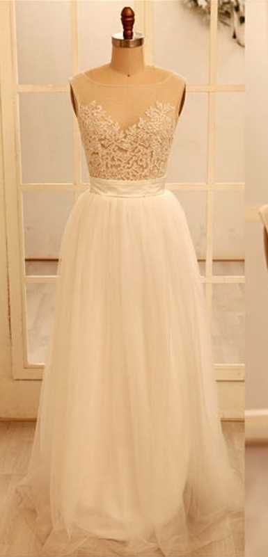 Custom Made A Line Round Necklace Lace Wedding Dresses, Deep V Neck Back Dress, Ivory Dresses For Wedding