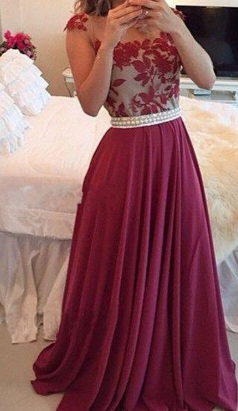 Sheer Lace Black Chiffon Prom Dresses Capped Sleeves Pearls Belt Open Back Modest Formal Long Evening Gowns