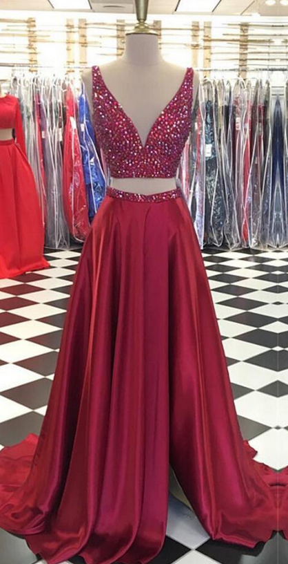 Two Piece Prom Dress,sexy Prom Dress,crystal Beaded Prom Dresses,