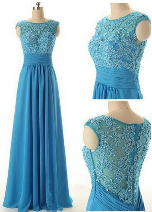 Blue Long A-line Zipper Appliques Chiffon Prom Dresses