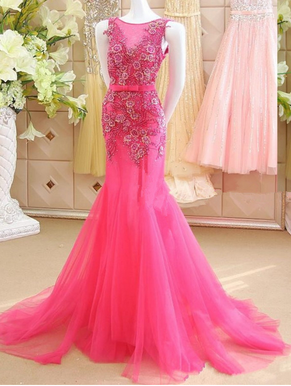 Pink Mermaid Scoop Appliques Tulle Prom Dress With Belt,maxi Dress
