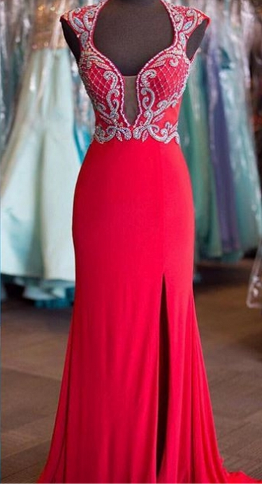 Red Plunging V Beaded Mermaid Long Prom Dress, Evening Dress Featuring Side Slit