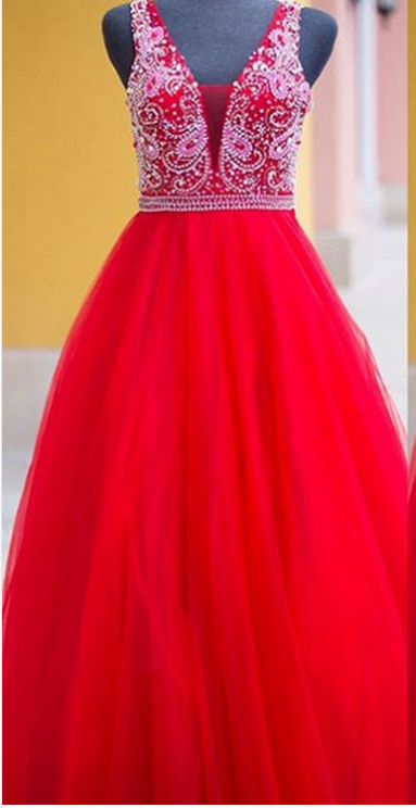 Red Delicate Beading Ball Gown Tulle Prom Dresses