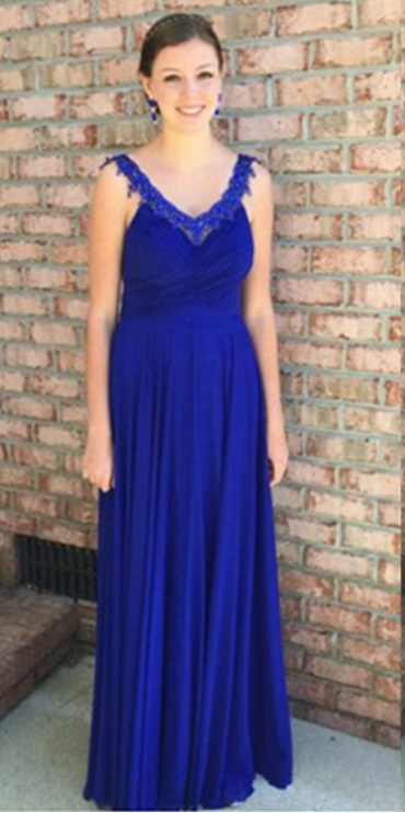 Blue A-line V-neck Sleeveless Natural Zipper Floor-length Chiffon Prom Dresses