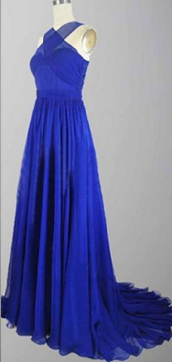 Blue Long A-line Criss Cross Chiffon Prom Dresses