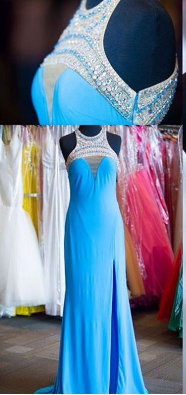 Blue Beading Halter Side-slit Satin Prom Dresses