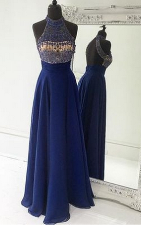 Blue A-line Halter Sleeveless Natural Backless Floor-length Chiffon Prom Dresses