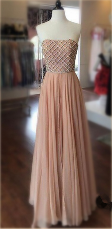 Peach Strapless Crisscross Beaded A-line Floor-Length Prom Dress, Evening Dress