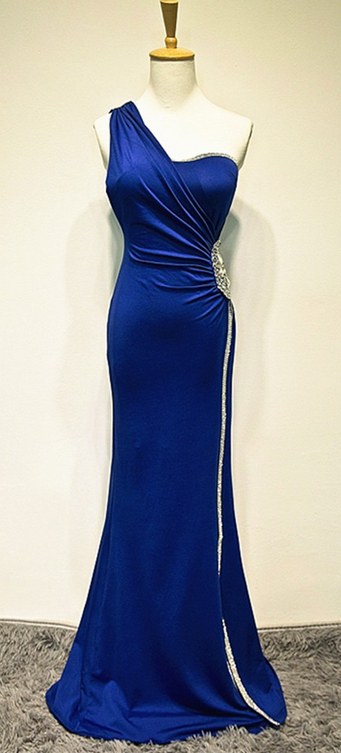 Silver Soft Satin One Shoulder Sheath Beading Ruffles Prom Dress