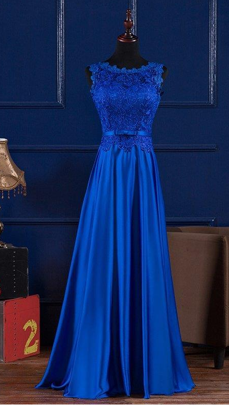 Scoop Neck Lace Satin Evening Dress, Blue Prom Dress, Floor Length Prom Dress, Long Royal Blue Prom Dress