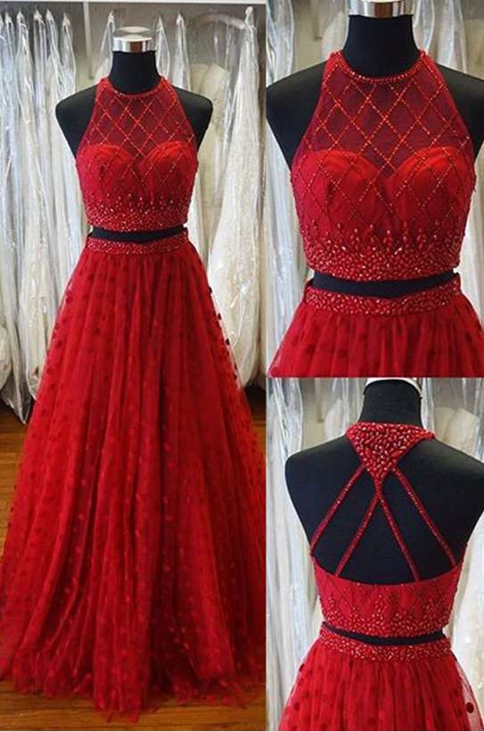 Red Prom Dresses,two Pieces Prom Dress,a-line Prom Dress,evening Dresses,saprkly Prom Dress,elegant Prom Gowns