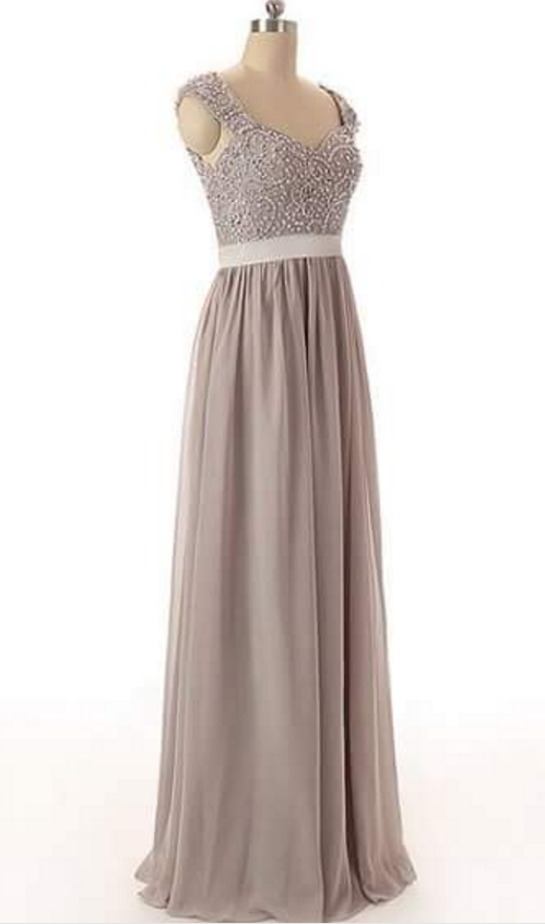 Sleeveless Beaded Chiffon Floor-length A-line Prom Dress, Evening Dress, Bridesmaid Dress Featuring Sheer Back