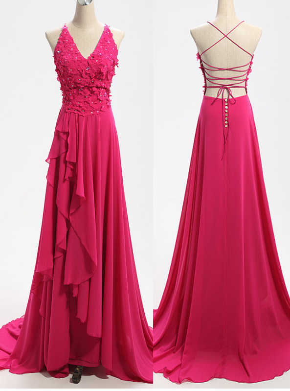 Pink Floor Length Chiffon A-line Ruffle Prom Dress Featuring Lace Appliquéd And Beaded Adorned Plunge V Bodice And Lace-up Open Bac