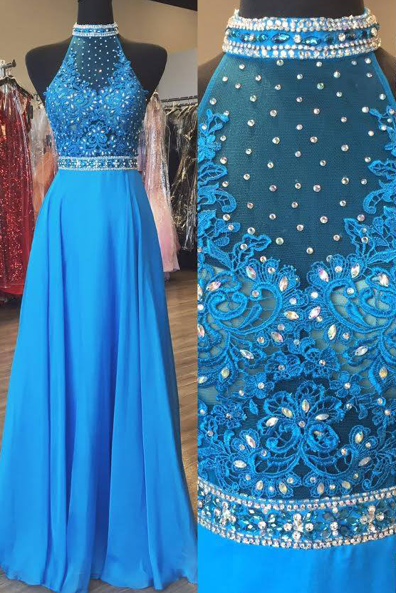 Halter Neck Long Chiffon Prom Dresses Crystals Beaded Women Party