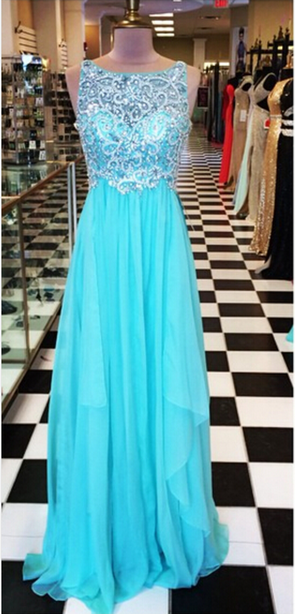 A Line Chiffon Turqupise Prom Dresses Crew Neck Beading Crystals Evening Dresses Party Gowns Vestidos