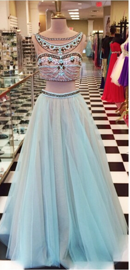 Two Pieces Tulle Prom Dresses Crew Neck Beading Crystals Evening Dresses Party Gowns Vestidos