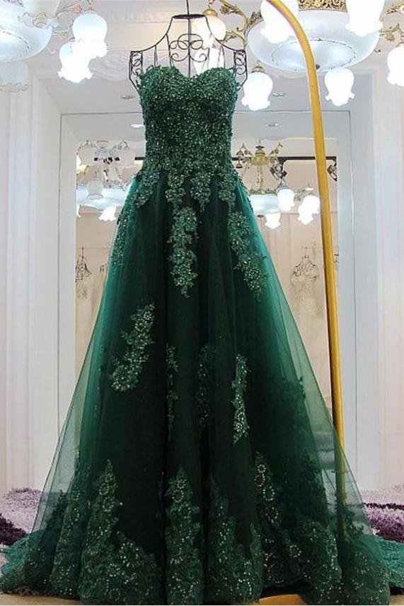 Dark Green Prom Dress Sweetheart Applique Beaded Long Evening Dress