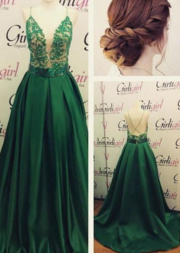 Sexy A-line Deep V Spaghetti Straps Lace Beading Prom Dress Green Beautiful Long Lace Prom Dress For Woman