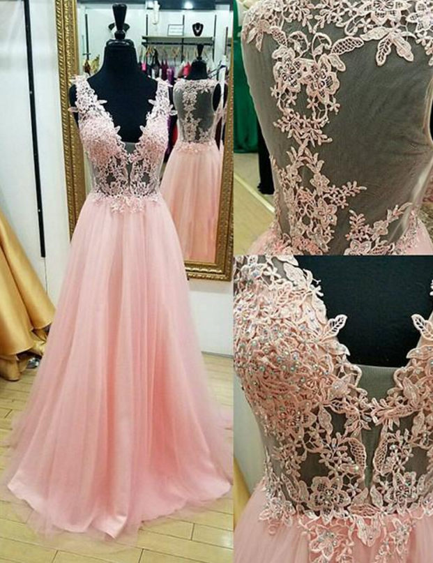 Pink A-line V Neck Appliques Tulle Long Prom Dress Pink Evening Dress