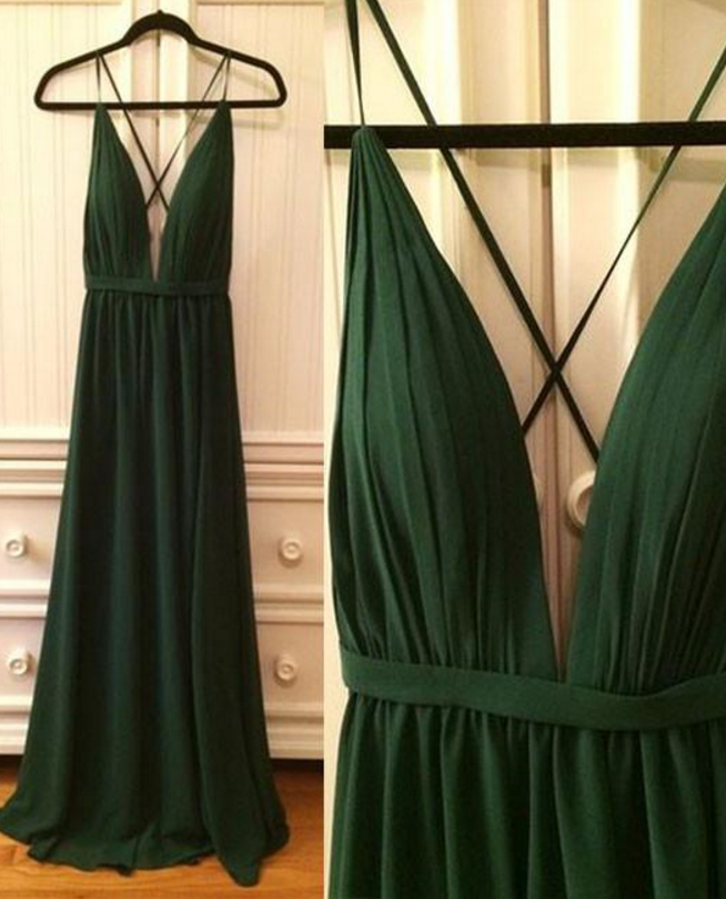 Custom Made Dark Green A Line Plunge V Neck Chiffon Long Guest Wedding Dress