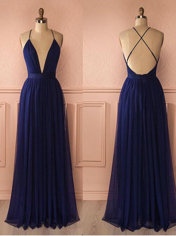 Simple Dark Blue A-line V Neck Tulle Chiffon Long Prom Dress Evening ...