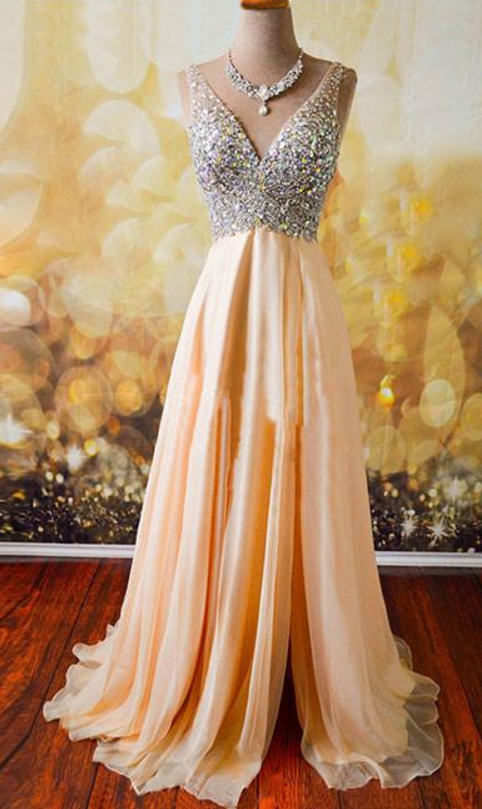 Flowing Champagne V-Neck Beaded Chiffon Tassel  Prom Dress P3492