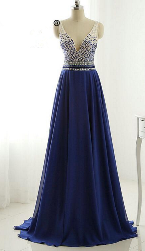 Plunging V Sleeveless Beaded A-line Long Prom Dress, Evening Dress Featuring Open Back