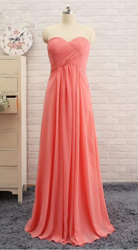 Chiffon Coral Pleated A-Line Strapless Bridesmaid Dress with Sleeves