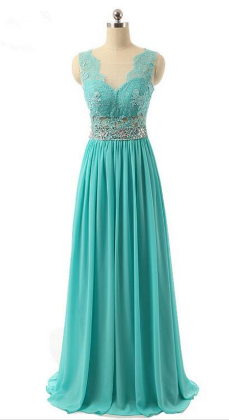 Long V-neck Chiffon Prom Dress With Lace Appliqués And Open Back