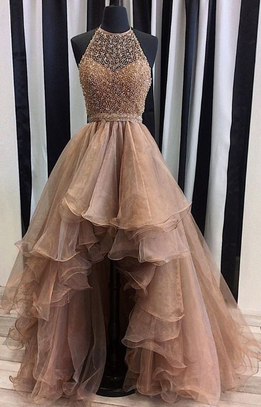 Sequins Beaded Prom Dress,organza Prom Dress,high Low Prom Dress,halter Prom Gowns,champagne Prom Dress