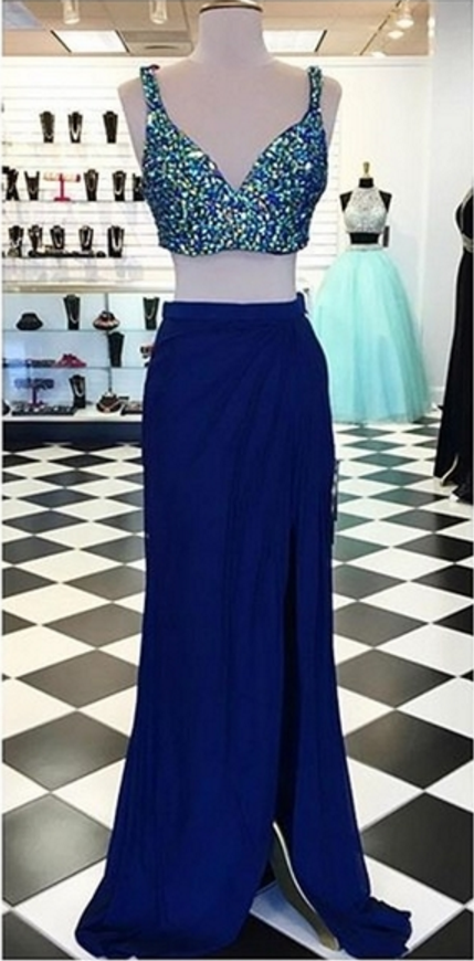 Custom Made Two- Piece Crystal Beading And Sequin Long Bridesmaid Dress With High Split