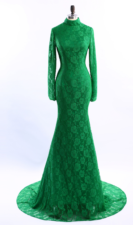 Long Sleeve Evening Dress High Neck Green Evening Dresses Lace Mermaid Vestido De Festa Court Train Dress Party Elegant