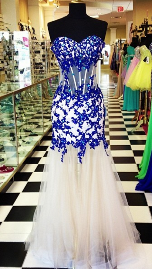 Royal Blue Strapless Sweetheart Lace Appliqués Corset Mermaid Floor-length Prom Dress, Evening Dress