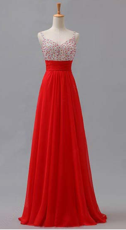 Beaded Embellished Plunge V Shoulder Straps Floor Length Chiffon A-line Formal Dress, Prom Dress