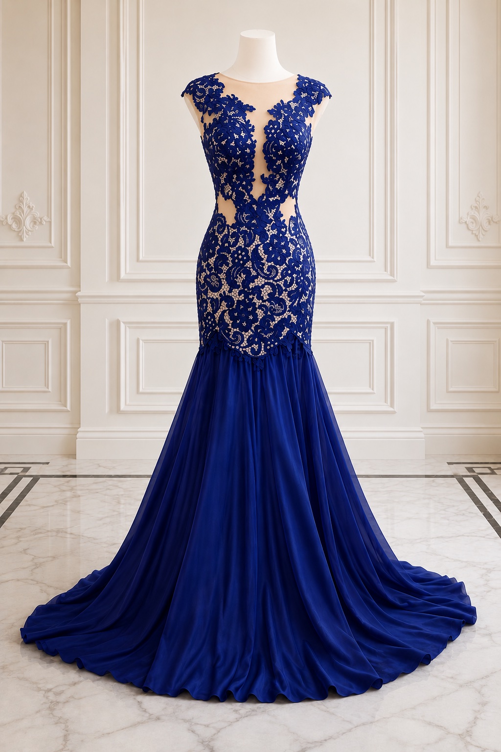 Royal Blue Lace Mermaid Evening Dress With Sheer Panel Details And Sweep Train on Luulla
