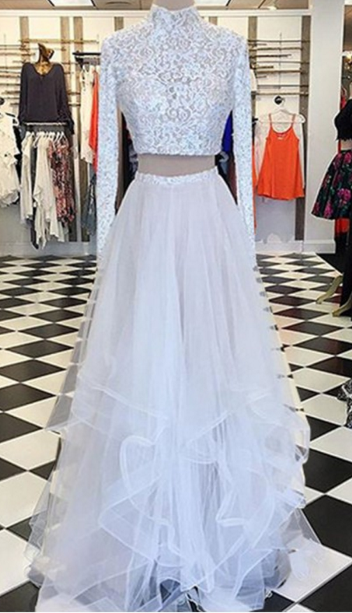 Two Piece A-line High Neck Long Sleeves Asymmetry Tiered White Prom Dress With Lace