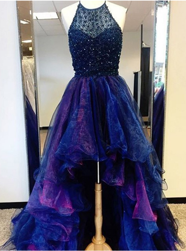 Unique Halter Sleeveless High Low Tiered Royal Blue Prom Dress